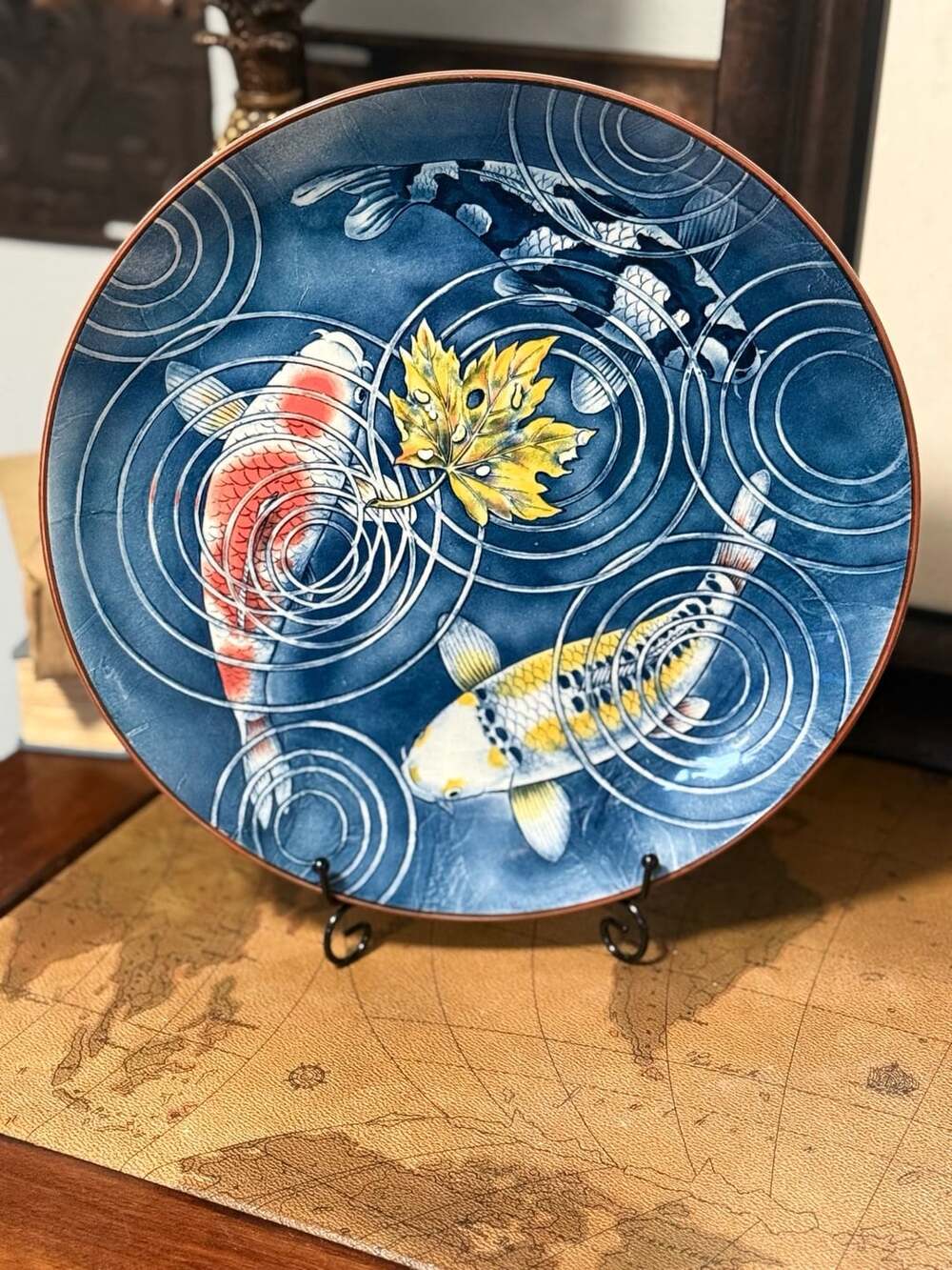 Toyo Japanese Koi Fish Pond Porcelain 12.5 Charger Plate Hand Painted